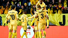Fotbalisté Bodö/Glimt se radují z gólu proti Alkmaaru v osmifinále Konferenční...