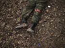 Tlo mrtvého ruského vojáka v lesích v Trostsjanci na Ukrajin. Msto...
