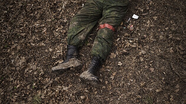 T�lo mrtv�ho rusk�ho voj�ka v les�ch v Trostsjanci na Ukrajin�. M�sto Trostsjanec bylo ned�vno znovu dobyto ukrajinsk�mi silami. Pod ruskou nadvl�dou bylo od po��tku v�lky. (28. b�ezna 2022)