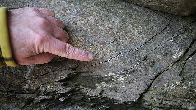 Josef Stemberk ukazuje na jednu z �erstv�ch prasklin ve skaln�m bloku. Mno�stv� takov�ch jev� zna��, �e je sk�la v pohybu a je nebezpe�n�. Velk� kameny se z n� mohou uvolnit prakticky kdykoliv.