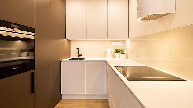 Inspirace v garsonie: V kuchyni je dostatek pracovn plochy i lonho prostoru.