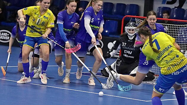 V�tkovick� brank��ka Nikola P��lesk� se sv�mi spoluhr��kami Dominikou Buczek, ��rkou Sta�kovou a Denisou Hyr�ovou (zleva v modr�m) sleduj� st�elu Malwiny Zag�rsk� z FBC Ostrava.