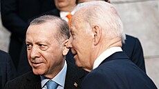 Americký prezident Joe Biden (vpravo) se zdraví s tureckým prezidentem Recepem...