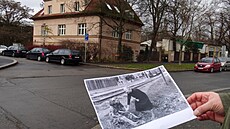 Porovnání souasné podoby ulice Na Mlejnku s historickou fotografií ze stejného...