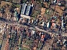 Zniené msto Bua na satelitním snímku. (4. dubna 2022)