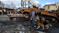 Muž prochází se psem kolem zničené vojenské techniky ruské armády ve městě...