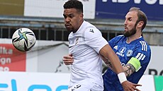 Plzeský útoník Jean-David Beauguel (vlevo) si kryje mí v souboji se stoperem...