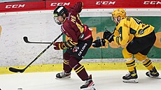 Momentka ze čtvrtého finálového duelu první hokejové ligy mezi Jihlavou (v...
