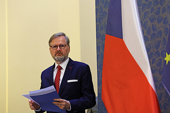 Premiér Petr Fiala hovoí na tiskové konferenci po jednání vlády. (9. bezna...