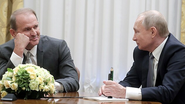 Ukrajinsk politik Viktor Medveduk (vlevo) s ruskm prezidentem Vladimirem Putinem (18. ervence 2019)