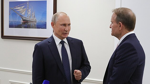 Ukrajinsk politik Viktor Medveduk (vpravo) s ruskm prezidentem Vladimirem Putinem (5. z 2019)