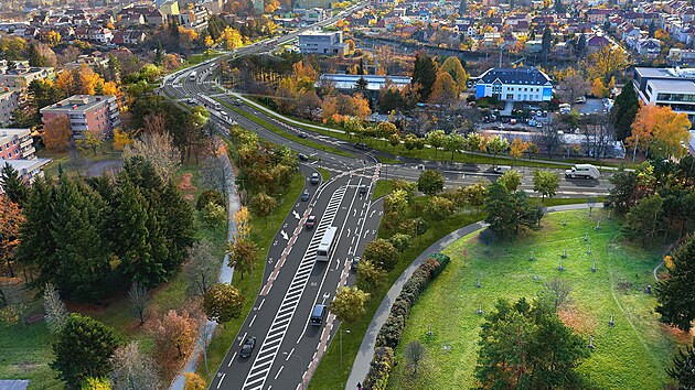 Pohled z ulice Seifertovy na Okru�n�. Z k�i�ovatky po v�stavb� zmiz� netypick� kruhov� objezd.