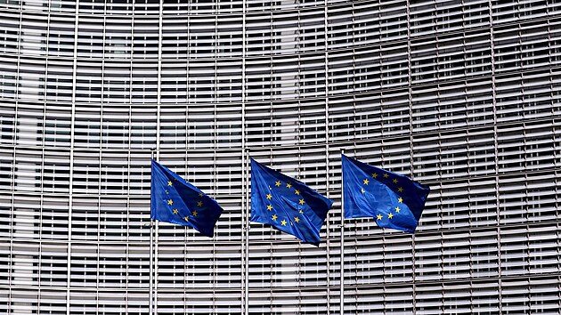 Vlajky EU ped budovou Evropsk komise v Bruselu (ilustran snmek)