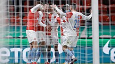 Fotbalisté Slavie se radují ze vstřeleného gólu.