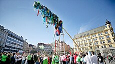 Vzty�ení májky vy�adovalo spolupráci n�kolika student�. Ostatní je povzbuzovali...