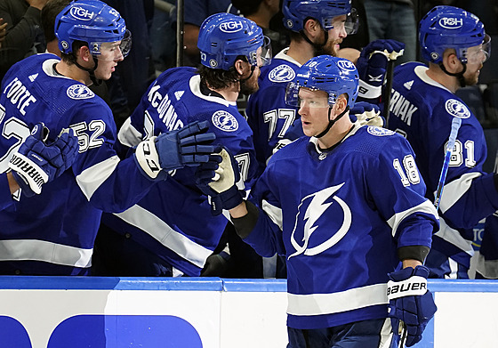 Ondej Palát (18) a jeho spoluhrái z Tampa Bay Lightning slaví gól.