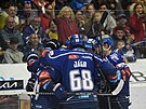 5. zápas baráe o hokejovou extraligu, Kladno - Jihlava. Kladno slaví gól, zády...