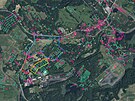 Leteck� sn�mek prostoru u Karvin�, na plo�e zmizel�ho m�sta. Modr� ��ra ukazuje...