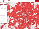 Mapa Prahy s pokrytím signálem 5G od Vodafonu (duben 2022)