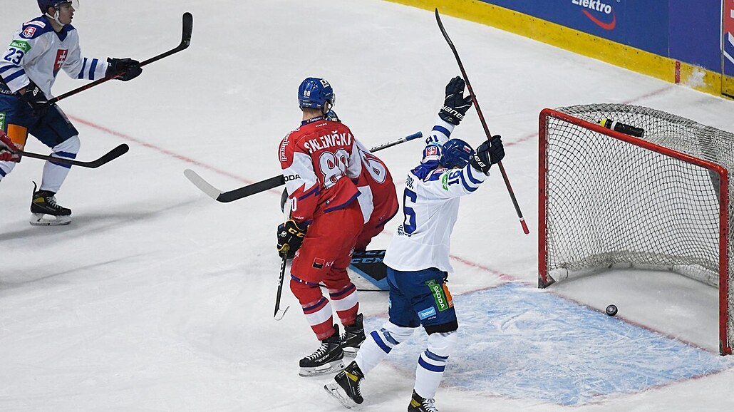 Hokejisté Slovenska se radují z první branky v zápase v rámci Euro Hockey...