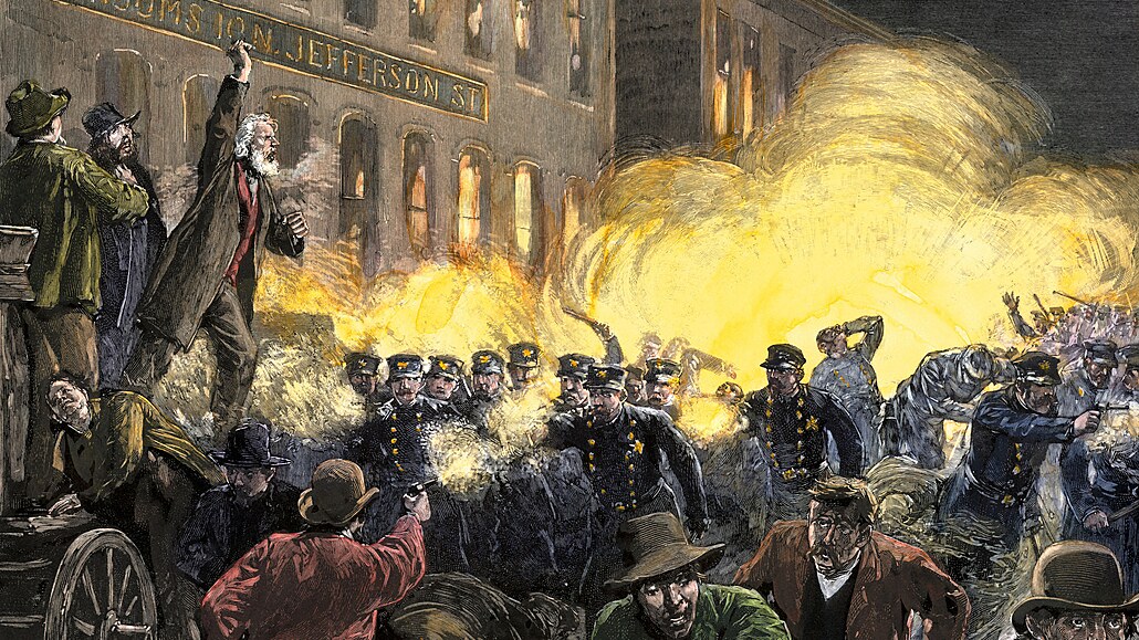 Ilustrace z 19. století zachycuje nepokoje na Haymarket Square v Chicagu.