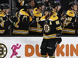 Úto�ník David Pastr�ák slaví se spoluhrá�i z Bostonu sv�j gól.