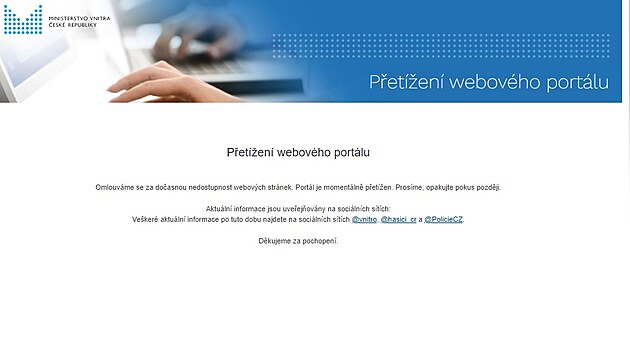 Nedostupné webové stránky Ministerstva vnitra R. (27. dubna 2022)
