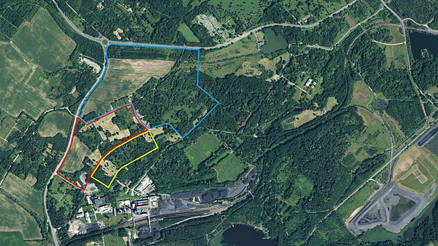 Leteck snmek prostoru u Karvin, na ploe zmizelho msta. Modr ra ukazuje plochu pro projekt Eden Silesia, erven pak msto pro zbavn park. lut je vyznaeno mon rozen parku.