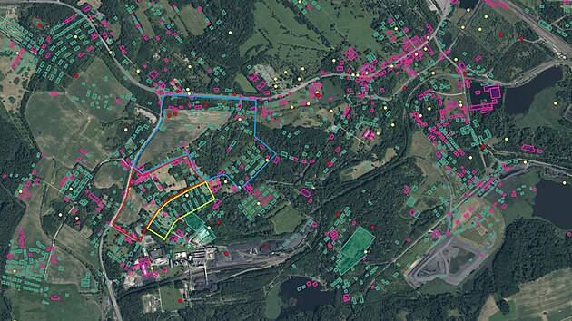 Leteck snmek prostoru u Karvin, na ploe zmizelho msta. Modr ra ukazuje plochu pro projekt Eden Silesia, erven pak msto pro zbavn park. lut je vyznaeno mon rozen parku. erven a zelen jsou vyznaeny objekty star Karvin.