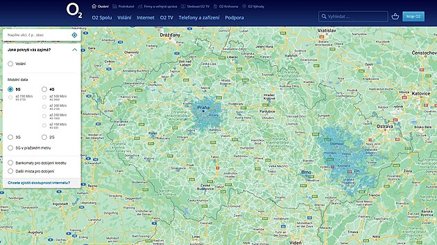 Mapa eska s lokalitami pokrytmi signlem 5G od O2 (duben 2022)