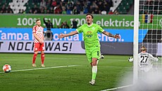 Max Kruse z Wolfsburgu oslavuje jeden ze svých gólů do branky Mohuče.