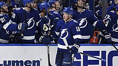 Ond�ej Palát z Tampy p�ijímá gratulace ke vst�elenému gólu.