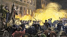 Ilustrace z 19. století zachycuje nepokoje na Haymarket Square v Chicagu.