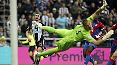 Miguel Almiron (vlevo) z Newcastlu stílí gól v zápase s Crystal Palace.