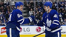 David Kämpf (64) a Ilja Ljubukin (46) slaví gól Toronto Maple Leafs.
