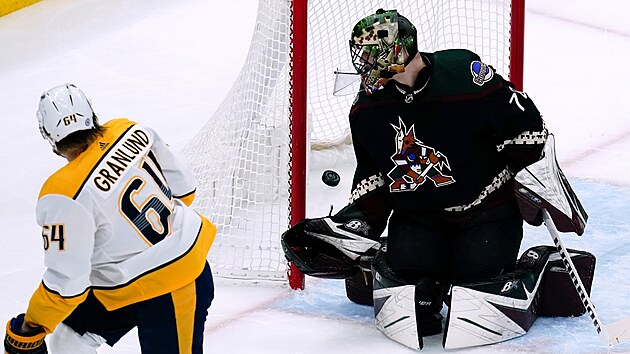 Mikael Granlund z Nashvillu p�ekon�v� Karla Vejmelku v brance Arizony.