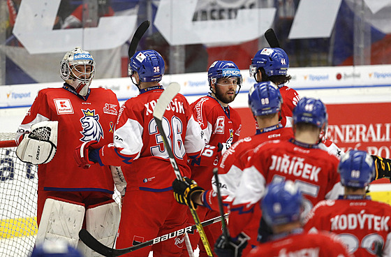 etí hokejisté se radují z vítzství nad Rakouskem na eských hokejových hrách.