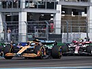 Monopost Daniela Ricciarda z McLarenu se závodníky v závsu bhem Velké ceny...