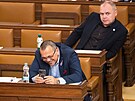 Poslanci SPD Jaroslav Foldyna a Radek Rozvoral v prbhu mimoádné schze dolní...