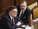 Premiér Petr Fiala a ministr financí Zbynk Stanjura v prbhu mimoádné schze...