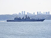 Ruská válečná loď Admirál Makarov proplouvá Bosporem v Istanbulu. (13. srpna...