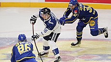 Finský hokejista Sakari Manninen se chystá ke gólové střele v zápase se...