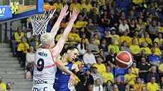 Keenan Gumbs (vpravo) z Opavy se tlaí ke koi v zápase s Brnem, brání ho Jakub...