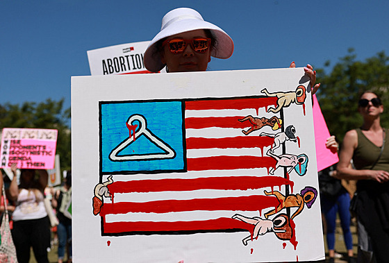 Protest za práva en na potrat v Los Angeles. Ramínko je jedním ze znak, který...
