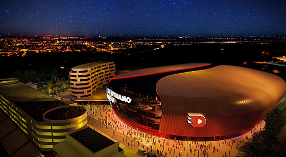 V pozadí arény jsou noní Pardubice.