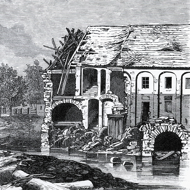 Škoda na starém pivovaru v Měcholupech roku 1872