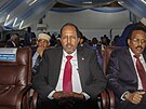 Hassan Sheikh Mohamoud pi volb prezidenta v hangáru na letiti v somálském...