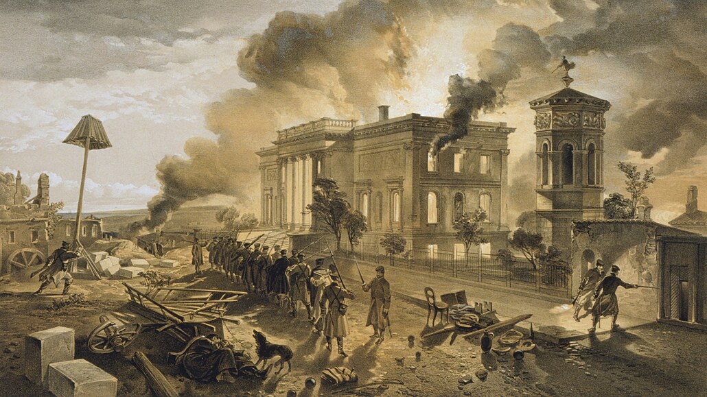 Krym, 8. srpna 1855. Ruské jednotky se stahují z hoícího Sevastopolu.