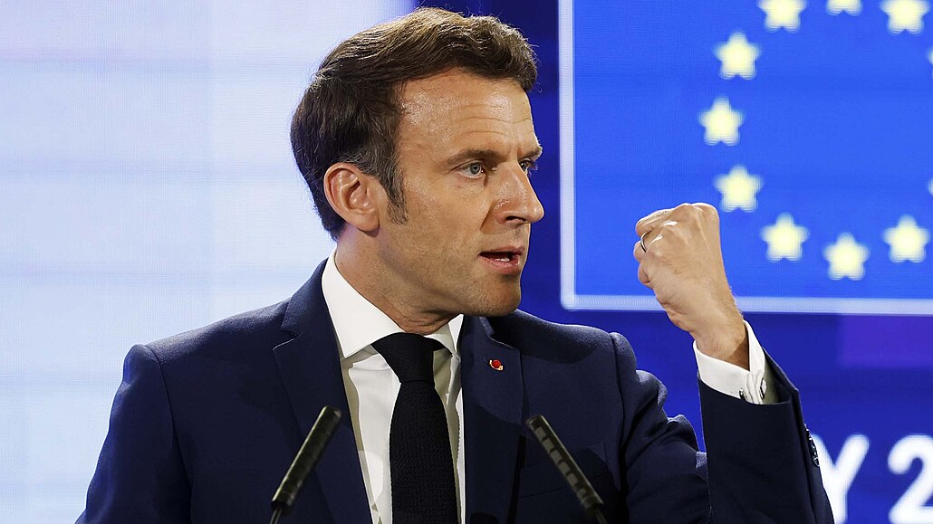 Francouzský prezident Emmanuel Macron bhem svého proslovu na konferenci o...