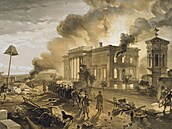 Krym, 8. srpna 1855. Ruské jednotky se stahují z hořícího Sevastopolu.